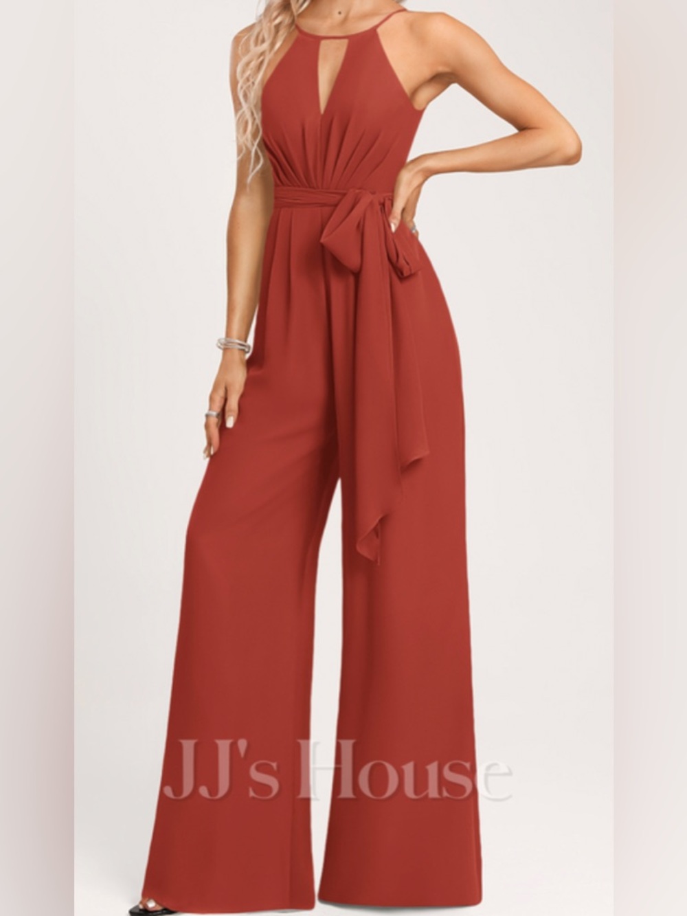 JJ's House Safara Vermilion Halter Chiffon Jumpsuit